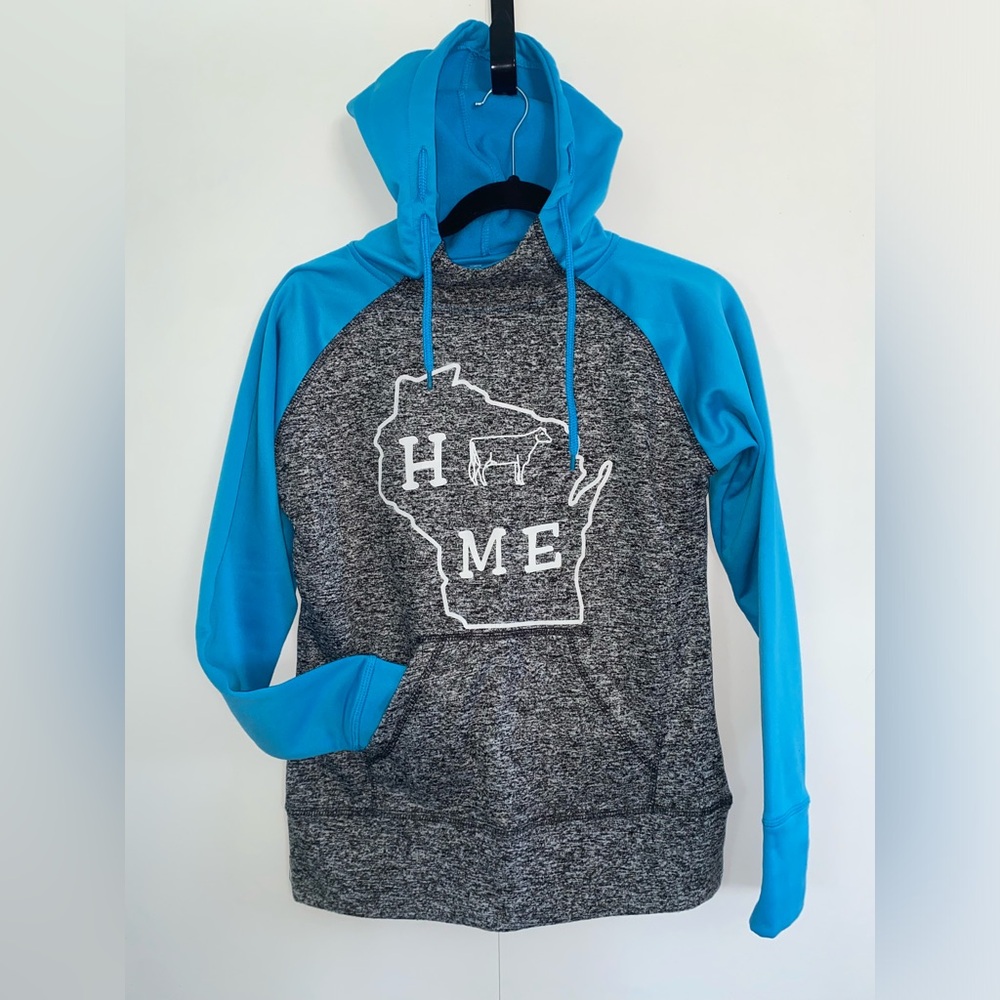 J. America WI “H🐄ME” Blue & Heathered Hooded Sweatshirt Size Small